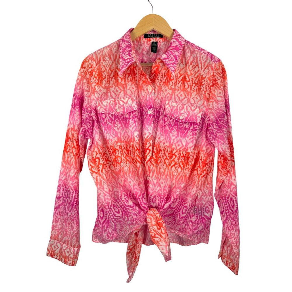Lauren Ralph Lauren abstract print tie up button blouse sz XL